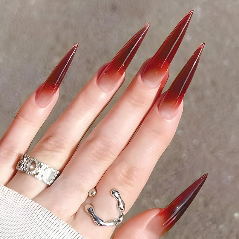 SINHOT Stiletto Press on Nails Extra Long Fake Nails Red Gradient Acrylic Nails Almond Glossy Glue on Nail Stick on False Nail with Design 24 pcs - Image 1